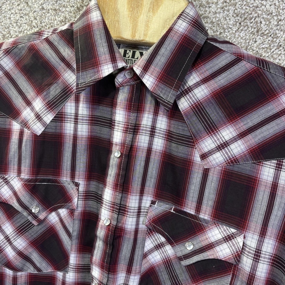 Ely Cattleman Mens Burgundy Grey‎ Plaid Western Pearl Snap Shirt Medium